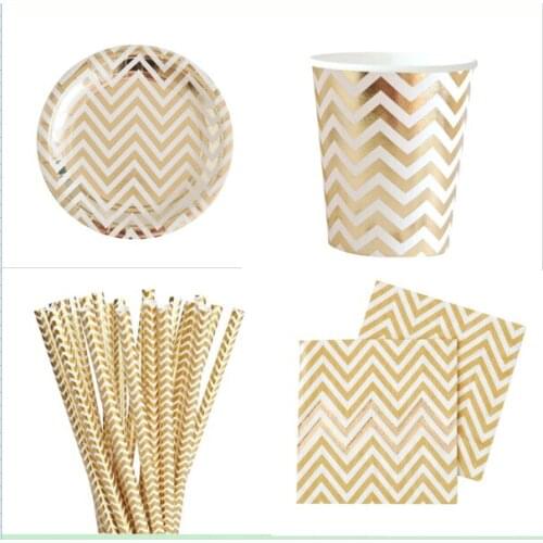 Event Party Supplies Gold Wave Dinnerware set Disposable Tableware Kits With Paper Plates, Cups, Napkins 44Pcs