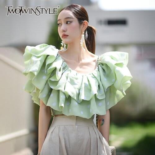 TWOTWINSTYLE Print Patchwork Ruffles Casual Shirts For Women O Neck Short Sleeve Hit Color Blouses Females Summer 2021 New Style