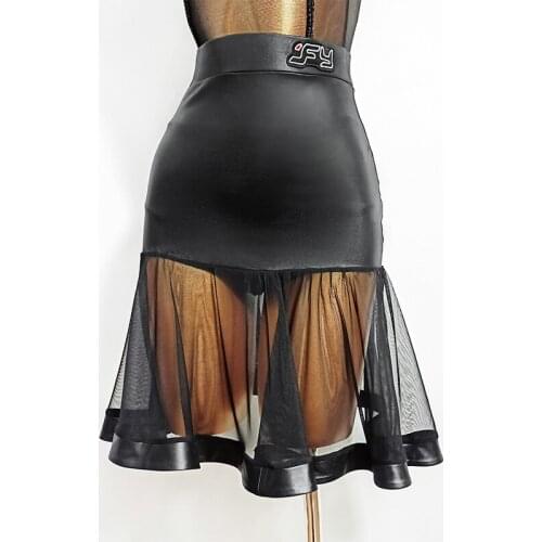 Latin Dance Skirt WomenS New Pu Stitching Sexy Mesh Half Skirt Practice Dress Ballroom Chacha Samba Latin Dance Clothes DN7122