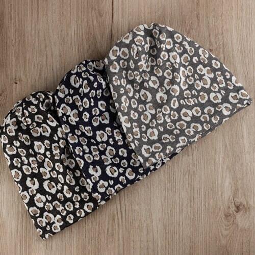 Women Leopard Print Hats New Spring Autumn Caps Warm Knitting Casual Outdoor Beanie Men Female Slouchy Cotton Bonnet