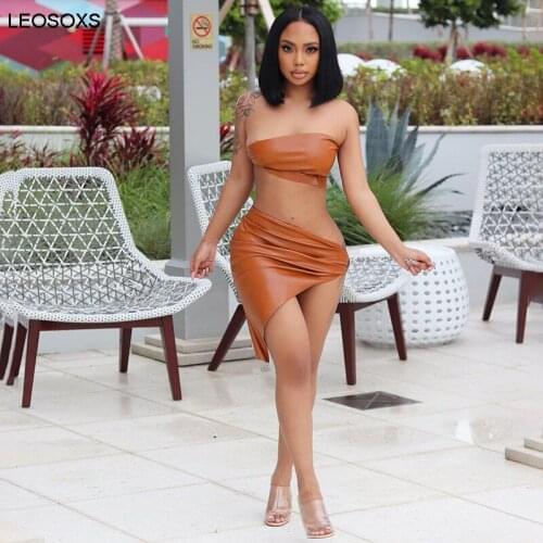Womens 2021 Summer New Fashion Solid Color Leather Sexy Tube Top Exposed Umbilical Open Back Split Hip Short Skirt Suit