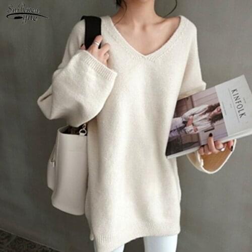 Plus Size Loose V-neck Long Sleeve Sweaters Tops Autumn Winter Knitted Sweater Women Solid Tops Casual Knitwear Pull Femme 16038