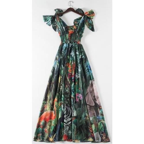 Runway Womens Summer Plus Size Long Dresses Elastic Waist Deep V-Neck Forest Animal Print Chiffon Holiday Maxi Dresses