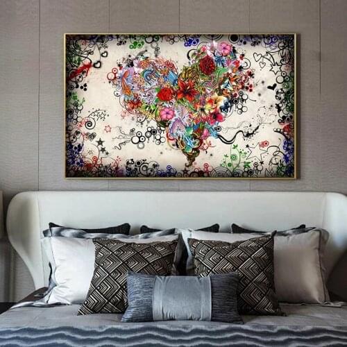 Abstract Colorful Heart Flowers Canvas Painting Posters and Prints Wall Art Cuadros Vintage Flowers Pictures for Living Room