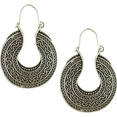 Bohemian Ethnic Tribal Retro Vintage Style Silver Metal Carving Circle Ear Clip Earring Boho Earrings Jewelry