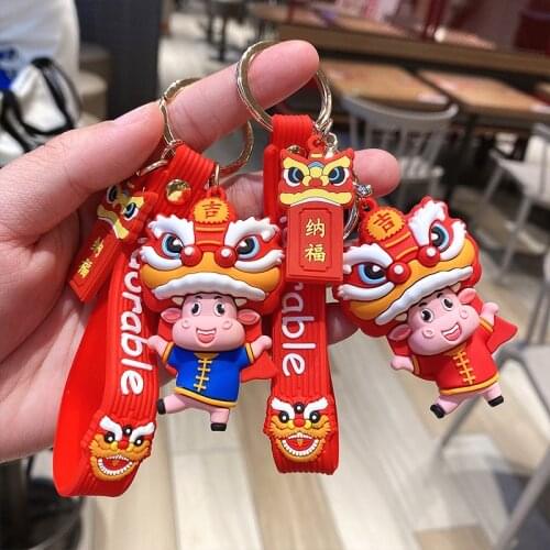 Chinese Wind Festival Lion Dance Key Chain Lucky Lions Keychain Silicone Bag Tassel Pendant Girl Boy Friends Keyring Gifts 2021