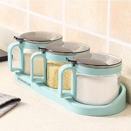 Hot Condiment Container Seasoning Box Glass with Spoon Seasoning Box Spice Rack 3 Pot
