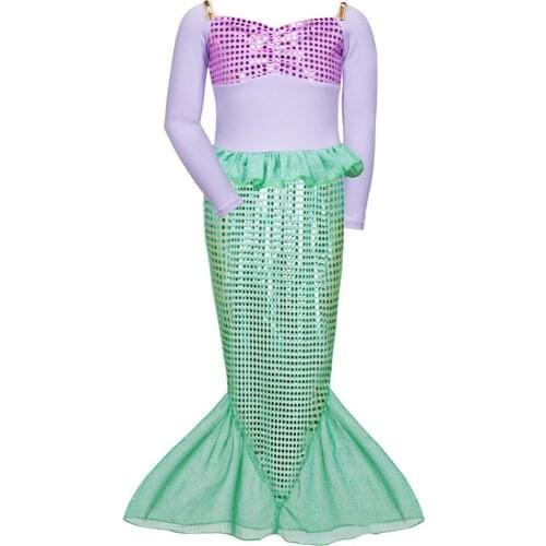 Halloween Costumes for Girls 2-10Y Mermaid Tail Long Sleeve Dress Fancy Princess Dress Cosplay Clothes Paillette Lotus Dress