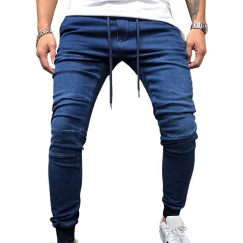 Fashion Drawstring Solid Color Skin-friendly Breathable Men Jeans Denim Mid Waist Ankle Banded Pencil Jeans Trousers