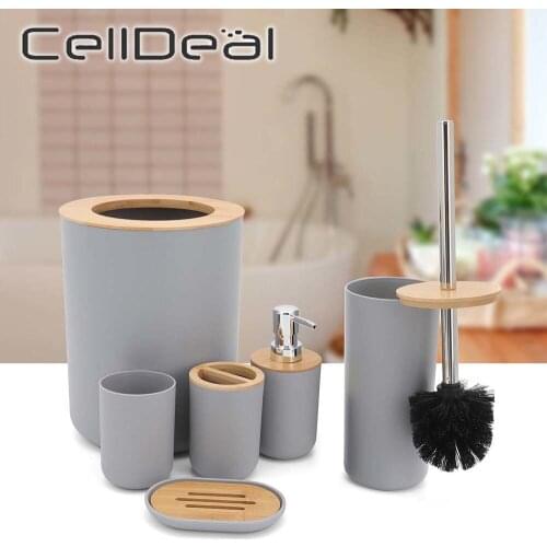 6Pcs Fashion Bathroom Accessories Set Bamboo Toothbrush Holder Soap Dispenser Toilet Brush Trash Can Bathroom Essential Set