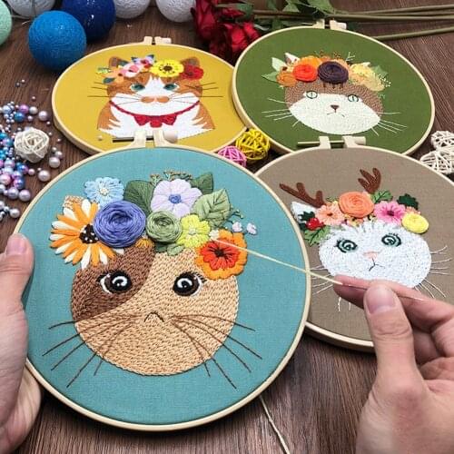 3D Embroidery Kit DIY Cross Stitch Artistic Cartoon Cat Flower Pattern Needlework Set With Embroidery Hoop Handmade Sewing Decor