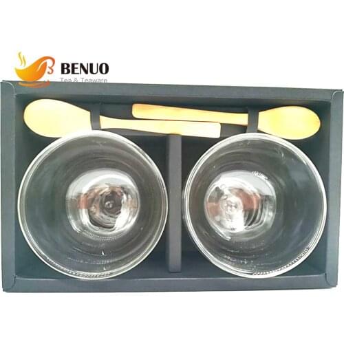 Pack of 2 Double Wall Borosilicate Glass Bowl with Tea Spoon in Giftset 540ml Glass Salad Soup Matcha Bowl Set Chawan Porridge