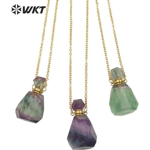 WT-N1312 Wholesale Natural faceted rainbow Fluorite essencial oil bottle necklace stainless steel stone bottle pendant necklace