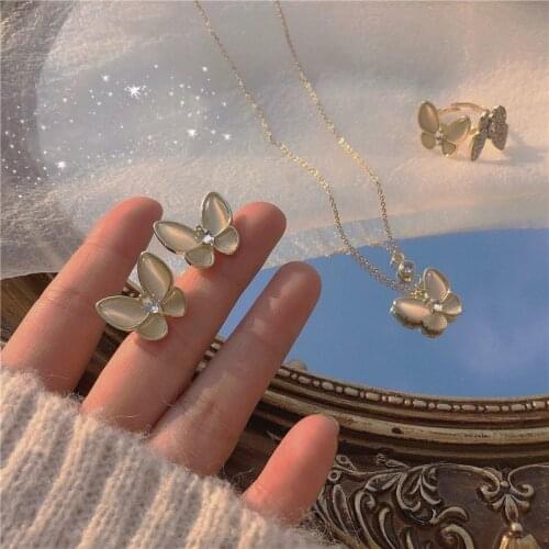 Fairy Luxury Shiny Opal Butterfly Earrings Pendant Necklace Rings Jewelry Set for Women Girl Gold Color Metal Chain Jewelry Set