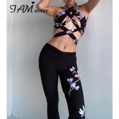 Sexy Floral Printed y2k Bandage Crop Top Skinny Trousers Women Suit Vintage Party Slim Tracksuit Outfit Two Piece Set Iamhotty
