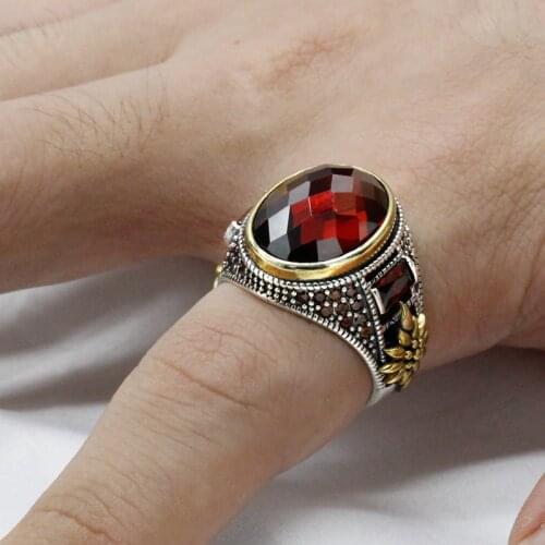 925 Sterling Silver Natural Garnet Ring for Men Male Women High Quality Turkish Jewelry with Oval Red Stone Vintage Lover Gift