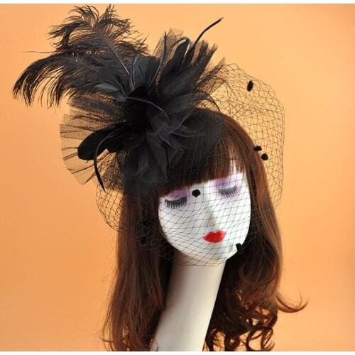 Brides Black Top Hat Wedding Feather Lace Church Hats for Black Women Female Fascinator Party Feathers Hair Extension Cap 2020
