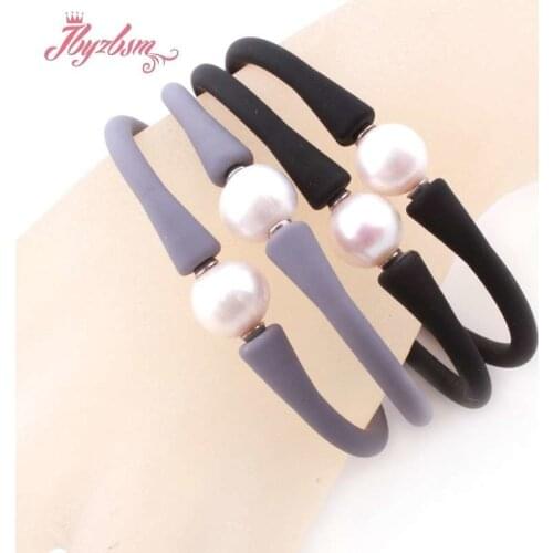 10mm Round Freshwater Pearl Silicone Bracelet Stone Beads Casual Waterproof For Christmas Best Gift Bangle Bracelet 1 Pcs