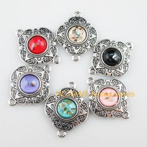 6 New Shivering Resin Connectors Flower Mixed Charms Tibetan Silver 23.5x30mm