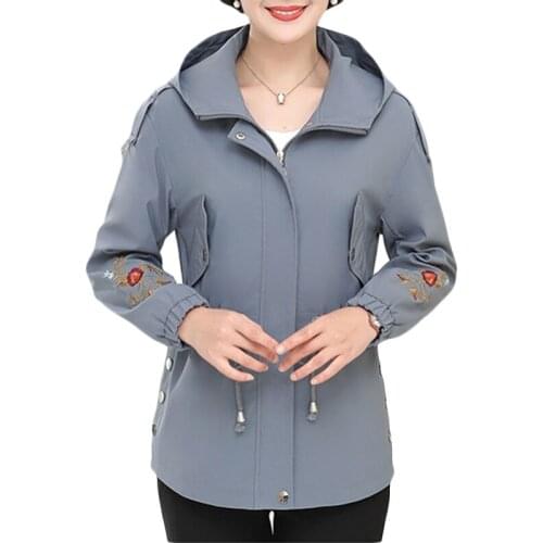 Plus size Women Spring Casual Windbreaker 2019 Autumn New loose solid color Trench coat women Embroidery Hooded Coats 5XL F198