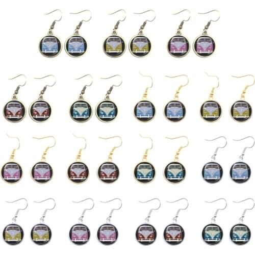 Vintage Blue-Red-Yellow Hippie Peace Van Bus Photo Drop Earrings Retro Beach Bus Car Collectors Bus Peace Sign Jewelry For Women