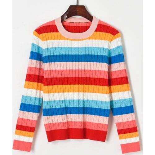 Vintage Woolen Sweaters Women Pullovers Raibow Striped Knitted Tops O-Neck Jumper Long Sleeve Casual Jersey Korean Clothing ins