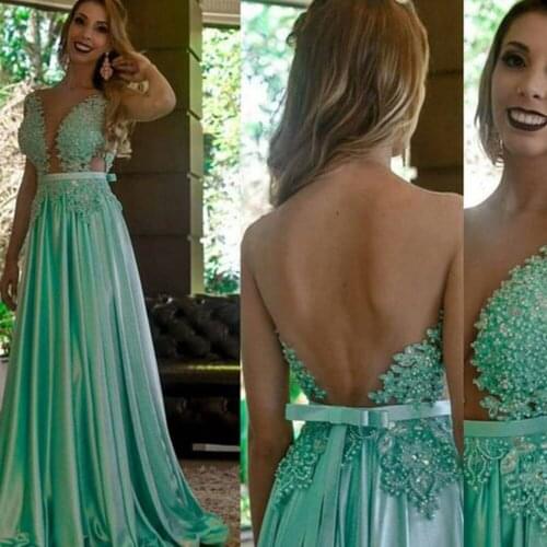 Green prom dresses lace appliques beaded pearls a line chiffon long evening dresses formal dresses