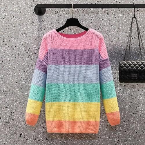 2021 Spring Autumn Korean Fashion Loose Top Womens Rainbow Striped Harajuku Oversized Sweater Women Knitted Pullover Plus Size