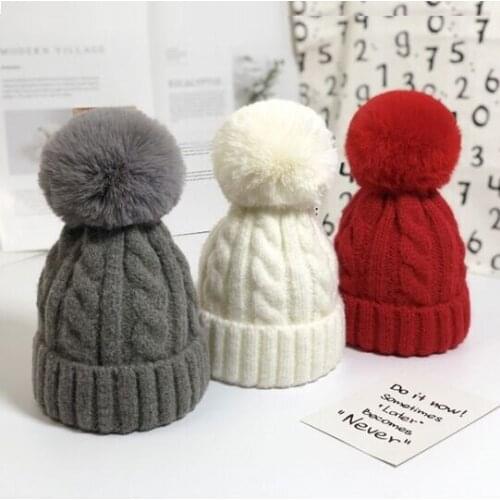 Winter Girl Baby casual Wool beanies Child Boy Kid Faux fur pom pom cotton knitting skullies hat Adult Women Thick Warm Cap