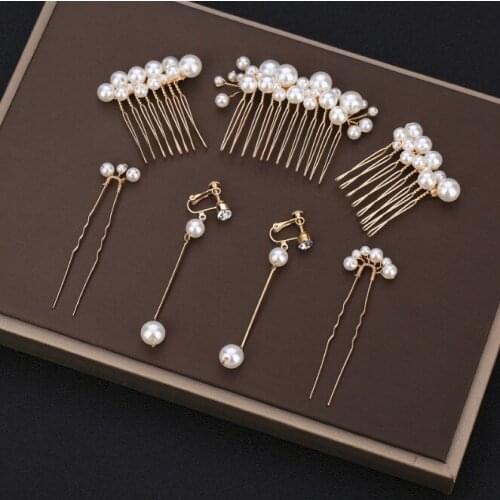 2020 simple Pearls Wedding Hair Comb Earring set Bridal Hair Pins Clips Women Hair Jewelry Accessories Handmade Headpieces
