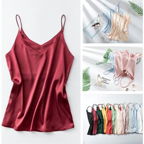 2020 Women Sexy V Neck Basic Tops Summer Satin Silk Tank Top Blusas Casual Womens Vest Camisole Vest Female Shirt Plus Size