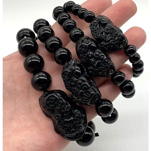 Feng Shui Pi Xiu Obsidian Black Stone Beads Bracelet Men Women Wristband Gold Wealth and Good Lucky Bracelets