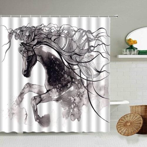 Black And White Creative Horse Unicorn Bird Pattern Shower Curtain Animal Theme Bathroom Decoration Blackout Waterproof Screen
