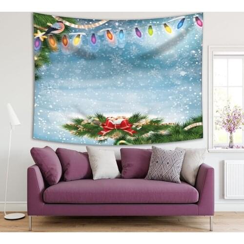 Tapestry Christmas Fir Tree Branches with Snowflakes Celebration Theme on Blue Background White Green Red Colorful Vintage Art