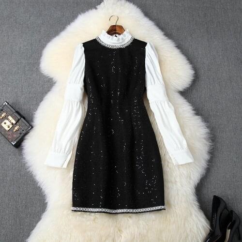 And American womens European clothing 2021 winter new style Long sleeve collar stud Fashion dress with sequined tweed