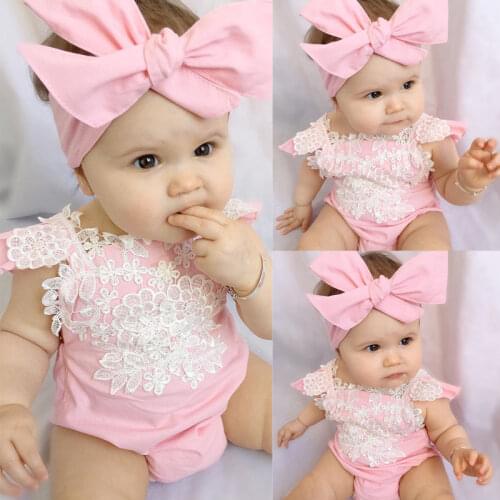 Emmababy Baby Rompers Set 2 PCS Newborn Infant Baby Girls sleeveless Rompers Lace Floral Jumpsuit Playsuit Outfits Sunsuit