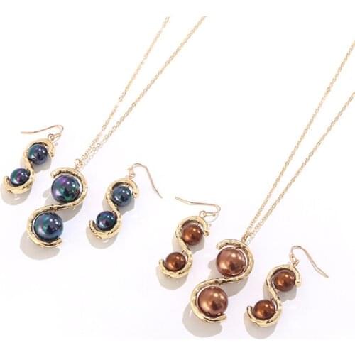 KOMi Polynesia Hawaiian Alloy S shaped Pendant Black Glass Imitation Pearl Ladies Necklace Earring Set Fashion Jewelry