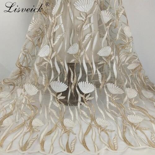 1yard Vintage lotus gold silk embroidered sequin mesh lace fabric diy evening party dress clothing accessories