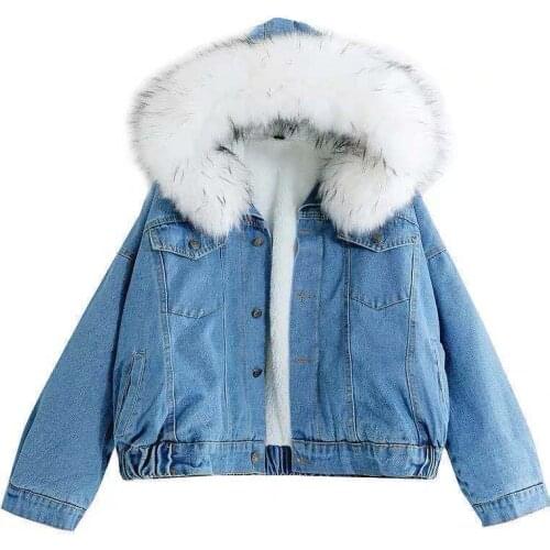 Fall / winter Fad new denim jacket female Korean version loose girl student Plush thickened large fur collar Hooded Coat female