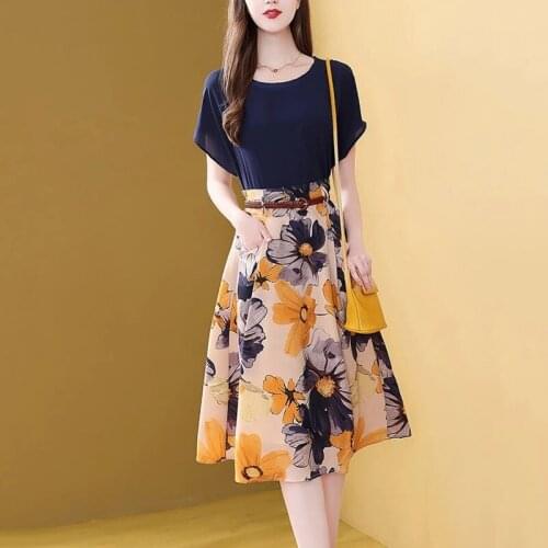 Summer New Retro Elegant 2 Piece Set Women T-shirt Top + A-Line Floral Skirts Suit Two Piece Sets Office Lady Clothing