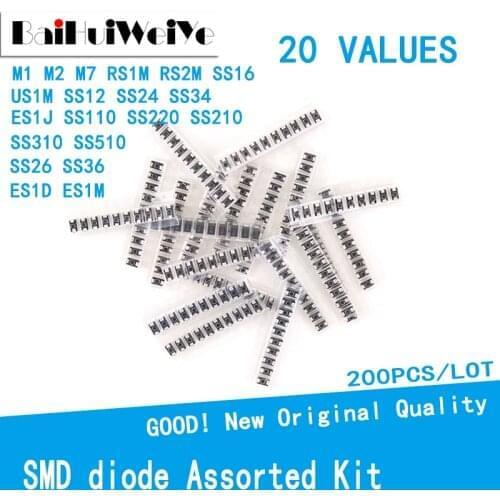 200pcs/lot SMD diode Assorted Kit 20value SS110 SS220 SS210 SS310 SS510 SS16 SS26 SS34 SS36 ES1J ES1D M7 M4 US1M M1 M2