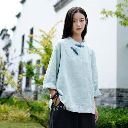 New Chinese Vintage Blouse Tops Women Linen Buckle Traditional Tang Suit Shirt Vintage Female Long Sleeve Loose Splice Cheongsam