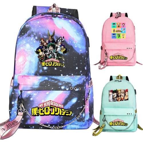 New Cartoon Cute My Hero Academia Prints Boys Girls Kids School bag Women USB Chain Backpack Canvas Men Bagpack Packsack Bookbag