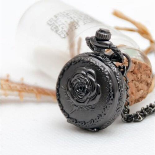 New Arrive Small Size Black Rose Quartz Men Women Pocket Watch With Chain For Xmas Gift High Quality 20pca/lot gift