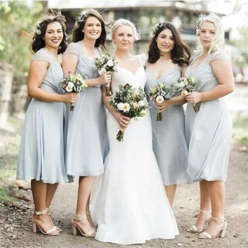 Bridesmaid Dress A-Line V-Neck Cap Sleeve Lace Pleat Tulle Backless Knee Length Wedding Party Gowns Custom Made New Arrivals