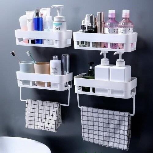 Bathroom Shelf Wall Mounted Shampoo Shower Shelves Holder Kitchen Storage Rack Organizer Towel Bar Bath Accessories