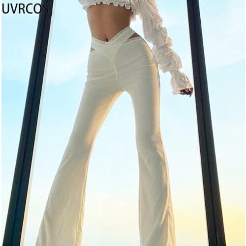 UVRCOS Cross Bandage Y2K Flare Pants Women Ribbed Bodycon Elastic Heart Pocket Elegant 2021 Streetwear Casual Wild Long Trousers