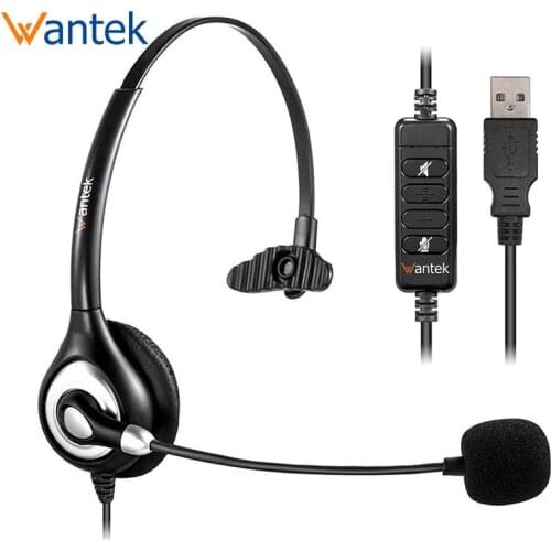 Wantek UC600 Mono USB Headset Lighhtweight Computer Headset with Microphone In-line Control for Call Center Skype PC VOIP Phone
