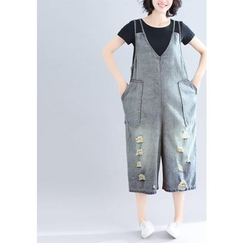 Denim fabric Destroy Wash rompers summer overalls women jumpsuits hole suspenders jeans women overalls summer rompers jeans