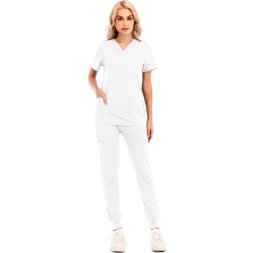Women Two Piece Set Solid Tops And Pants Set Summer Short Sleeve V-neck Casual Nursing Working Uniform With Pocket Suit #T3G